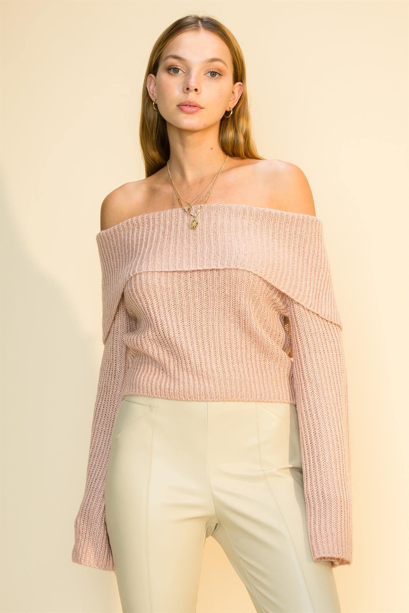 Off The Shoulder Sweater in Pink and Grey
