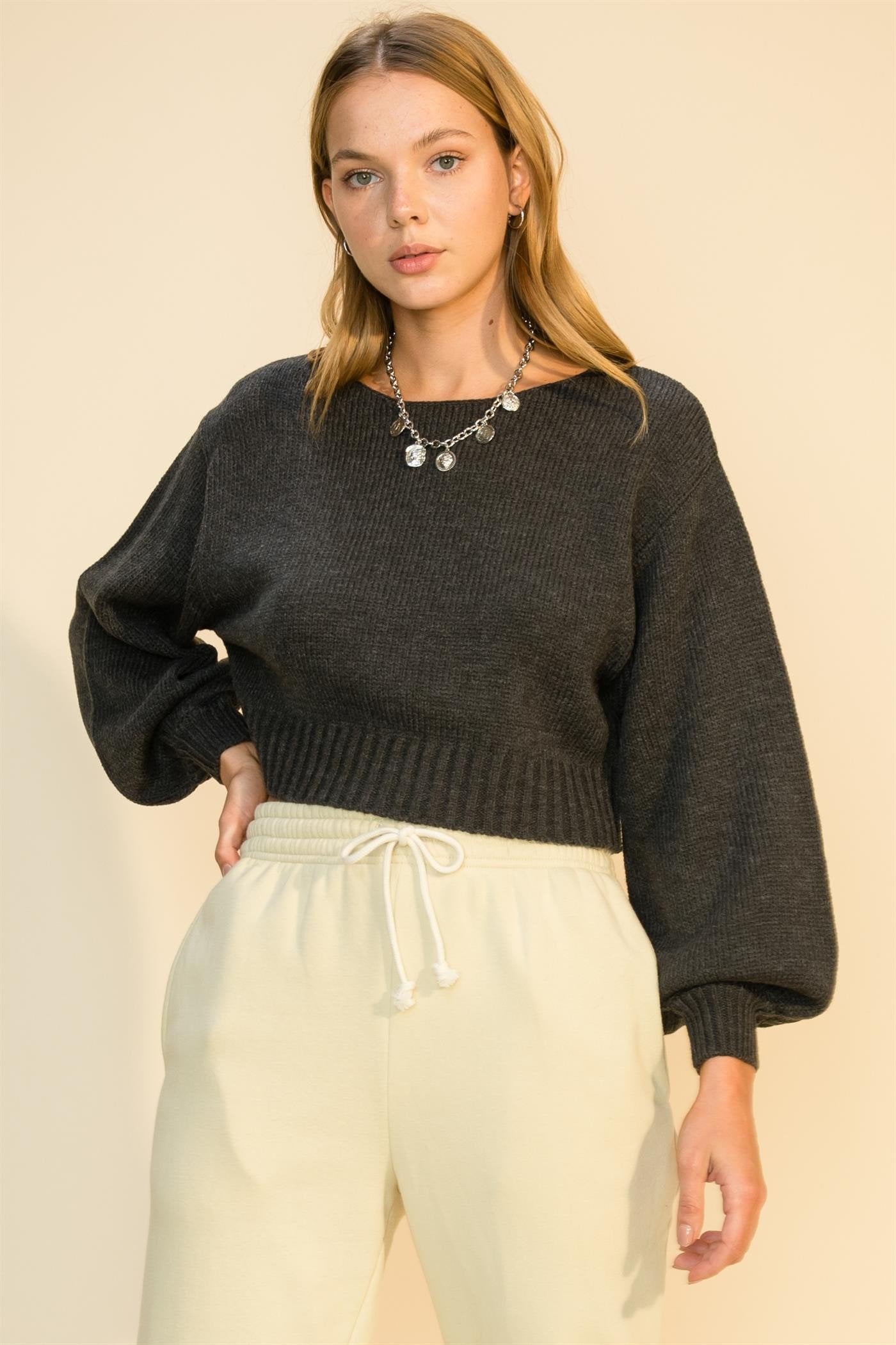 Avery: Balloon Sleeve Crop Sweater