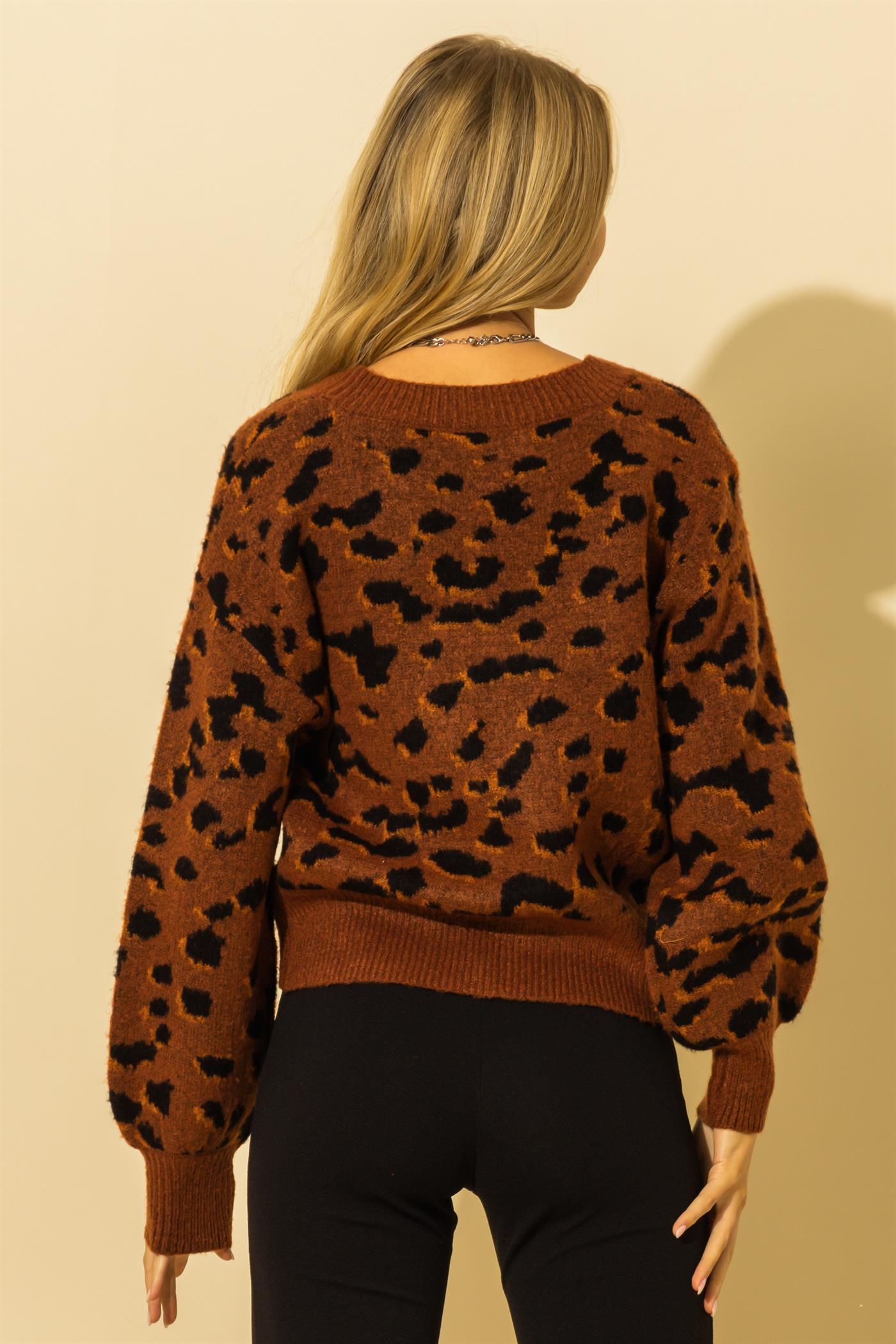 Charlie: Leopard Long Sleeve Button Down Cardigan Sweater In Redwood