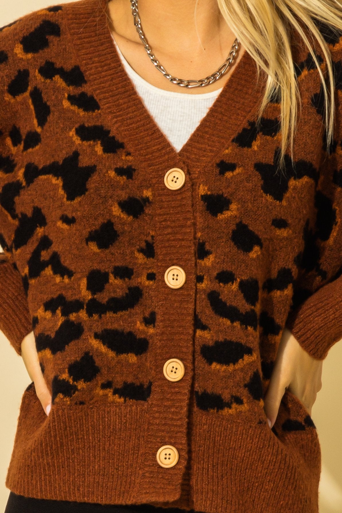 Charlie: Leopard Long Sleeve Button Down Cardigan Sweater In Redwood