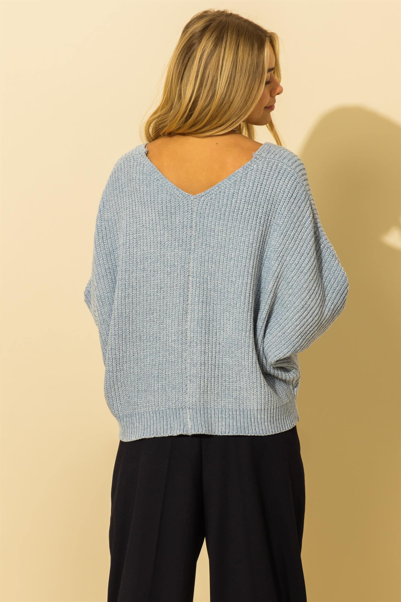 Ella: Soft Dolman Sleeve Chenille Sweater in Smoke Blue & Off White