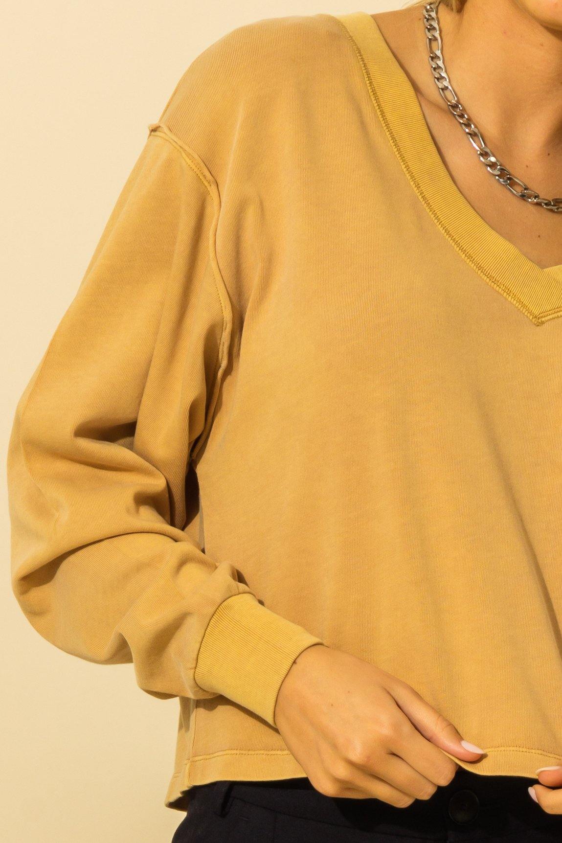 Demi: V Neck Drop Shoulder Raw Edge Cut Detail Top in Burgundy & Yellow