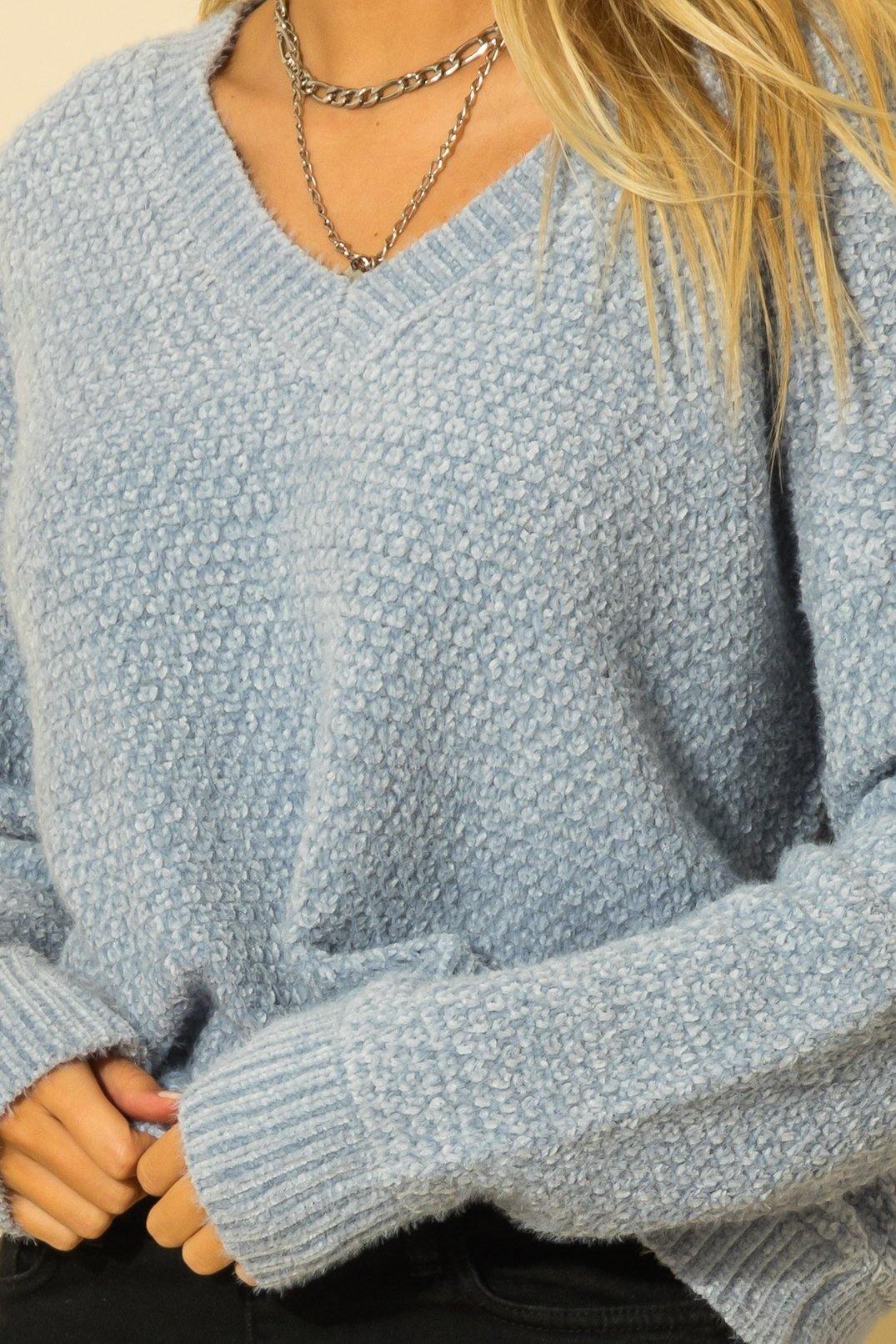 Josie V Neck Drop Shoulder Fuzzy Chenille Sweater in Blue