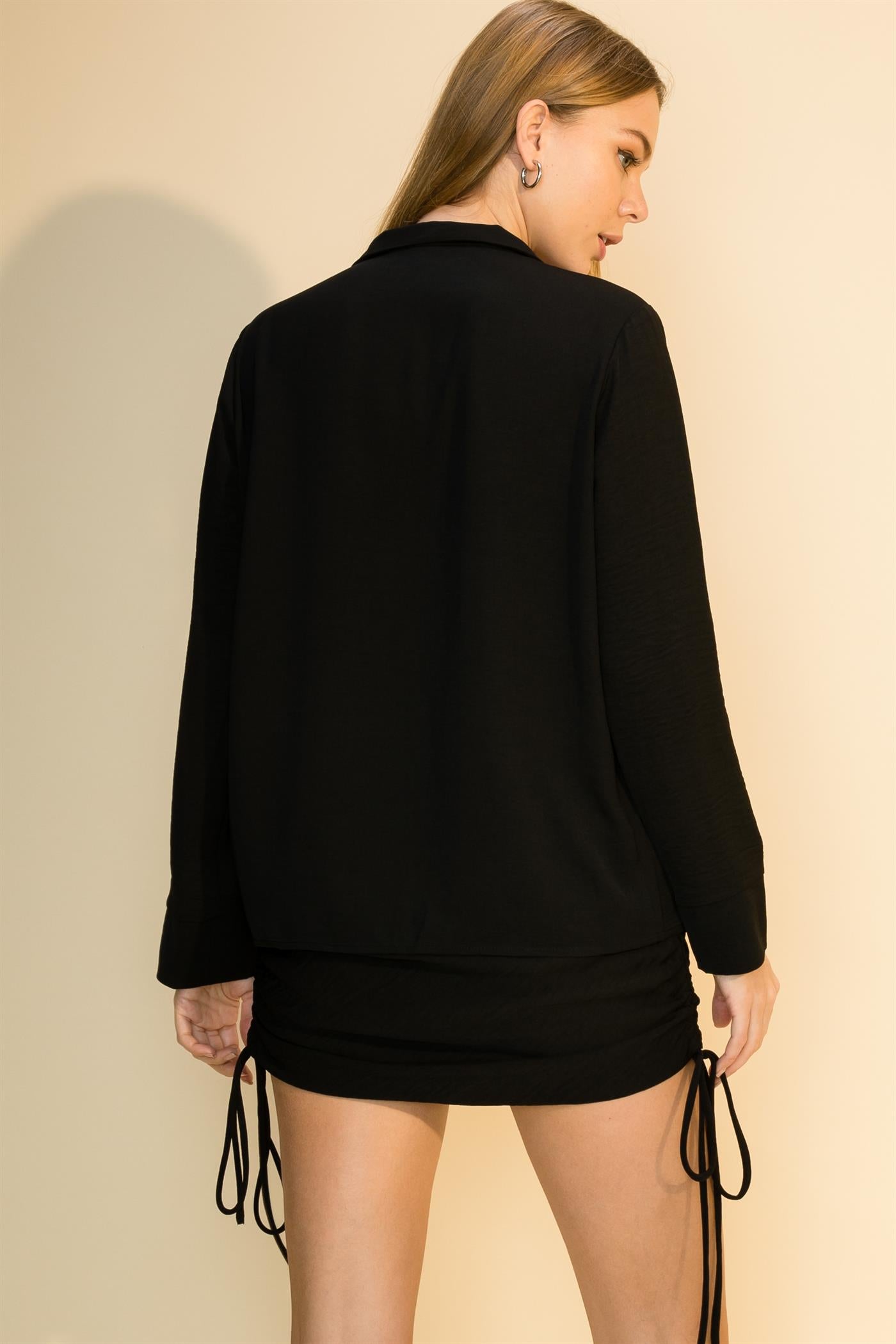 Naomi Solid Black Button Front Blouse