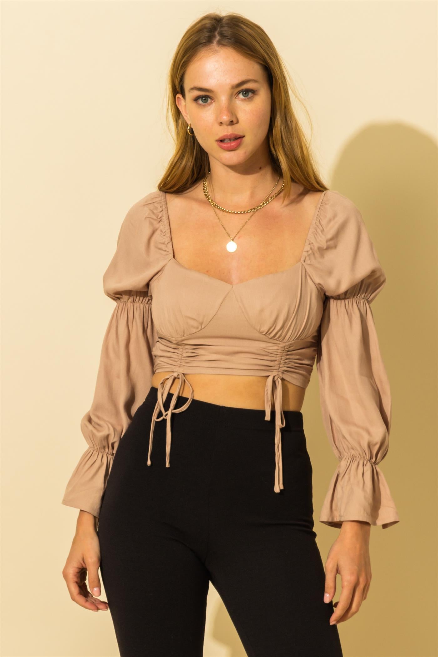 Yvette Sweetheart Neck Drawstring Crop Blouse in Taupe