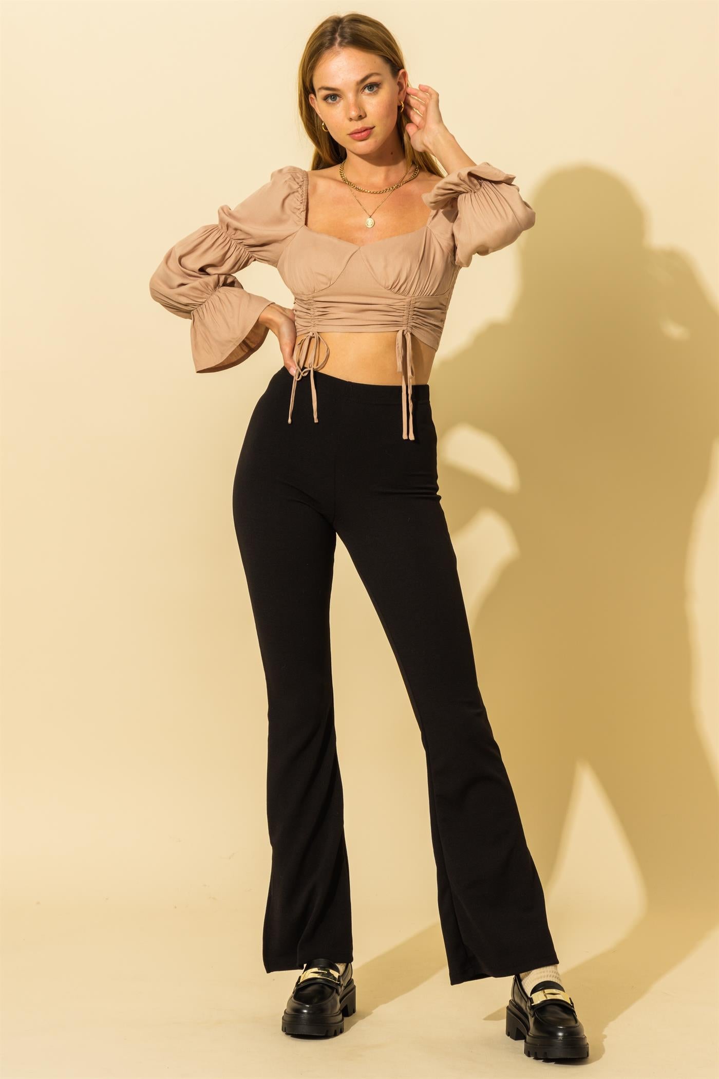 Yvette Sweetheart Neck Drawstring Crop Blouse in Taupe