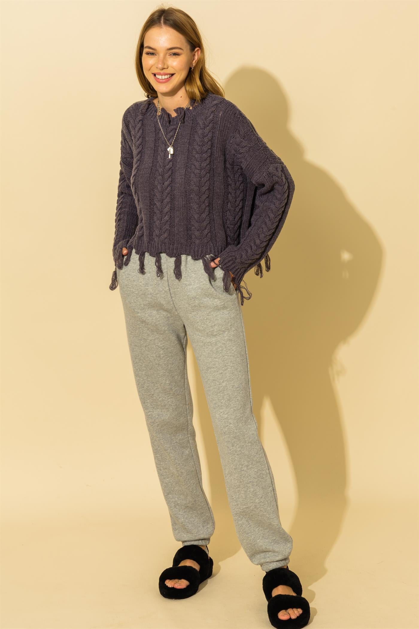 Alexandra Slouch Off Frayed Hem Sweater Featuring a Rounded Neckline.
